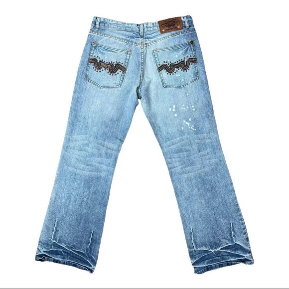 Franky Max Boot Cut Leather Patch & Studs Light Wash 36X31 Jeans - Picture 2 of 8